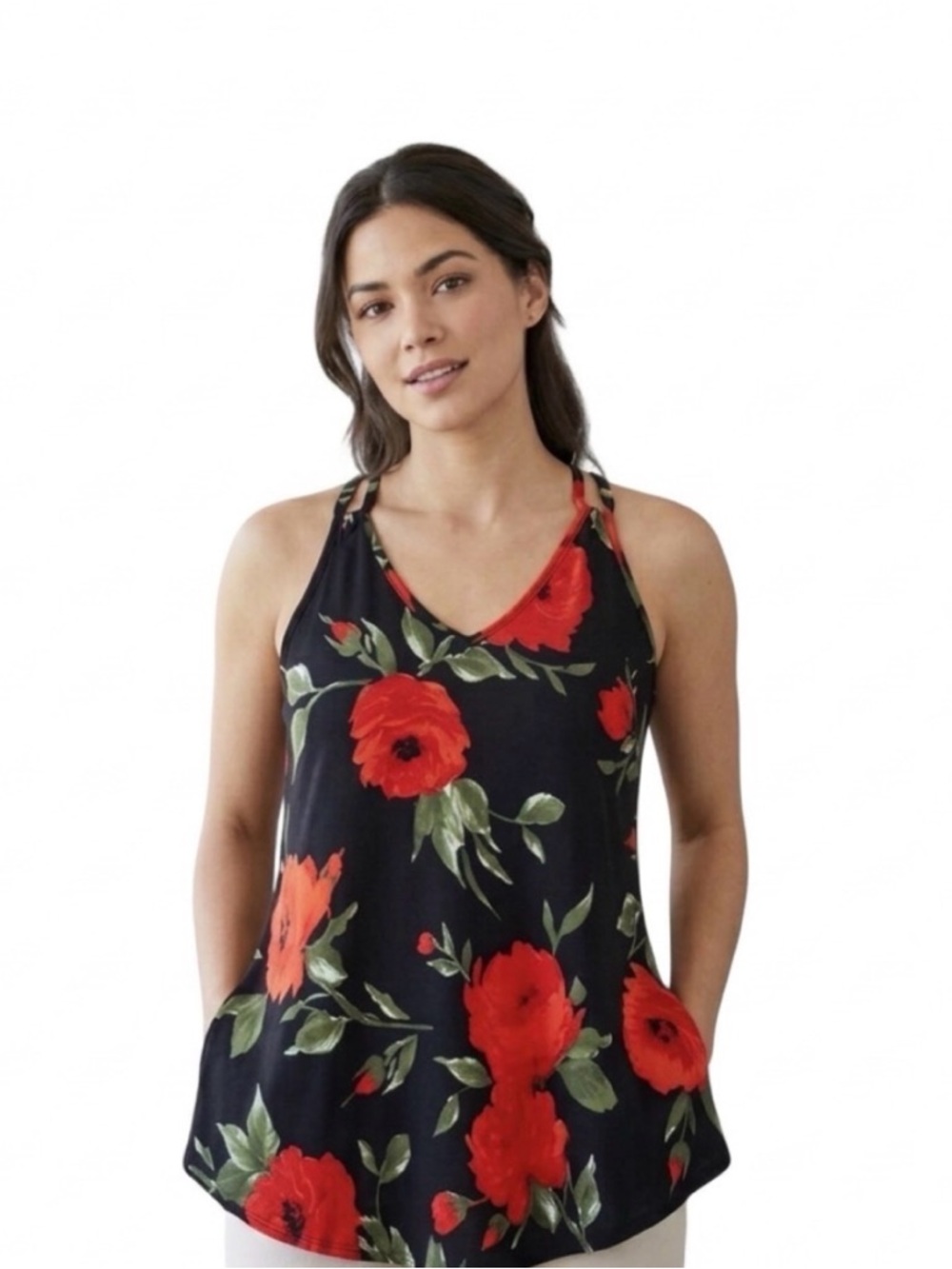 First Love Black Tank with Bold Red Floral Print
